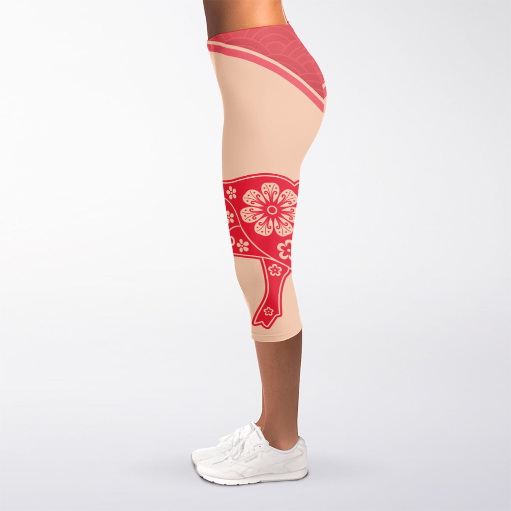 Chinese Flower Ox Zodiac Print Women's Capri Leggings
