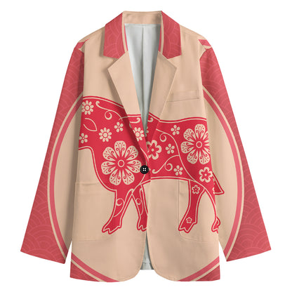 Chinese Flower Ox Zodiac Print Women's Cotton Blazer