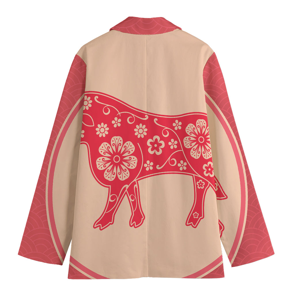 Chinese Flower Ox Zodiac Print Women's Cotton Blazer