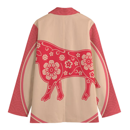 Chinese Flower Ox Zodiac Print Women's Cotton Blazer
