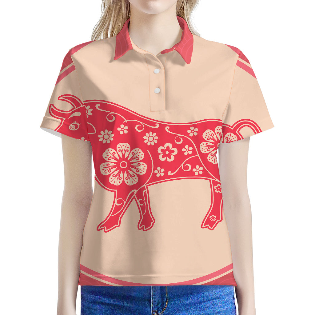 Chinese Flower Ox Zodiac Print Women's Polo Shirt