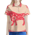 Chinese Flower Ox Zodiac Print Women's Polo Shirt