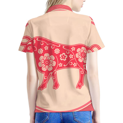 Chinese Flower Ox Zodiac Print Women's Polo Shirt