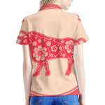 Chinese Flower Ox Zodiac Print Women's Polo Shirt