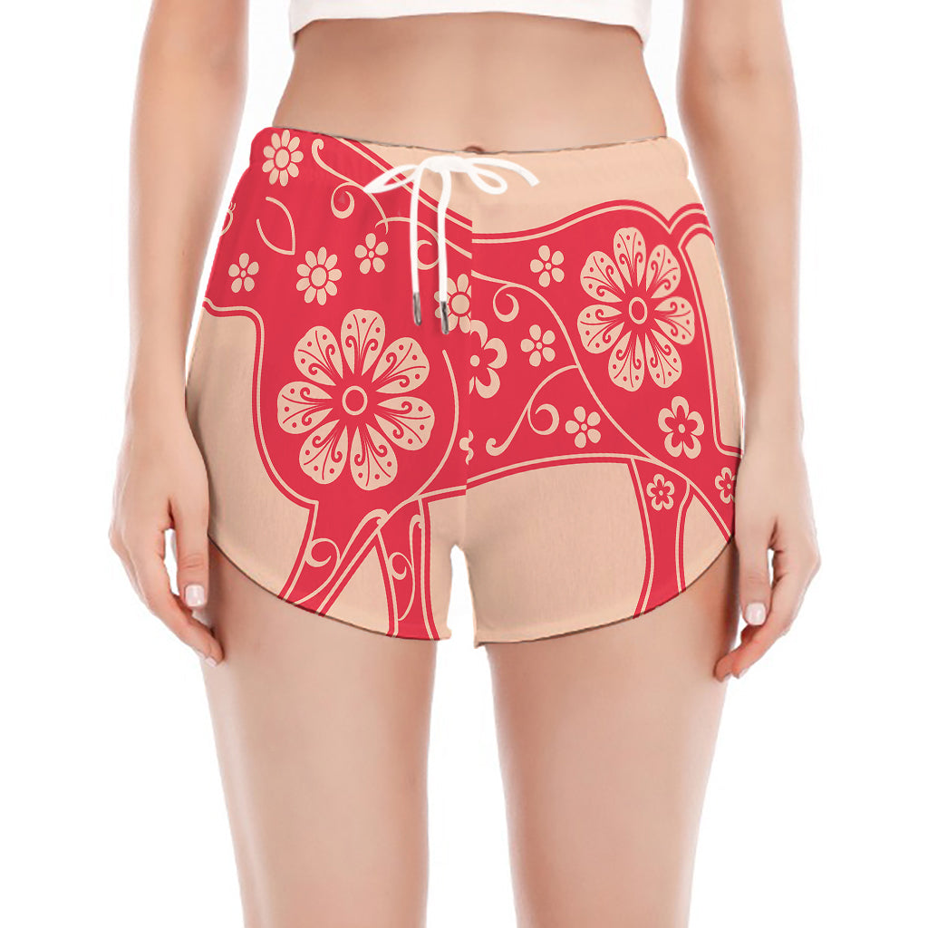 Chinese Flower Ox Zodiac Print Women's Split Running Shorts