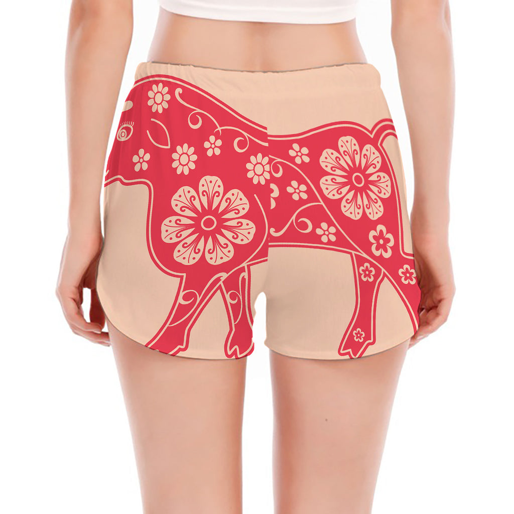 Chinese Flower Ox Zodiac Print Women's Split Running Shorts