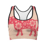 Chinese Flower Ox Zodiac Print Women's Sports Bra