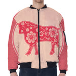 Chinese Flower Ox Zodiac Print Zip Sleeve Bomber Jacket
