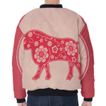 Chinese Flower Ox Zodiac Print Zip Sleeve Bomber Jacket