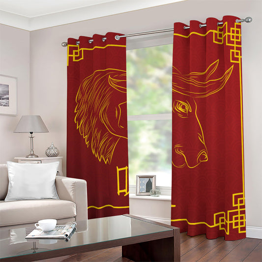 Chinese Horoscope Ox Sign Print Blackout Grommet Curtains