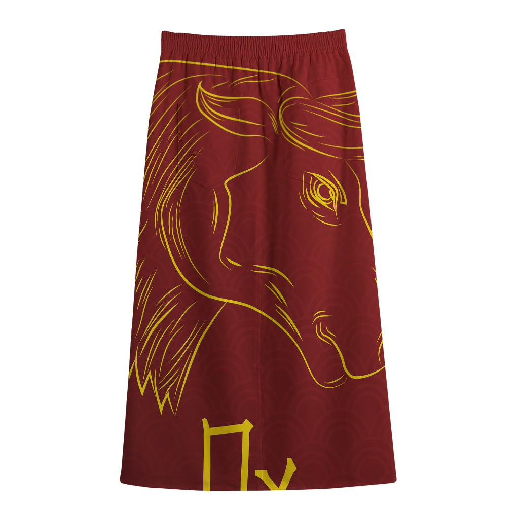 Chinese Horoscope Ox Sign Print Cotton Front Slit Maxi Skirt