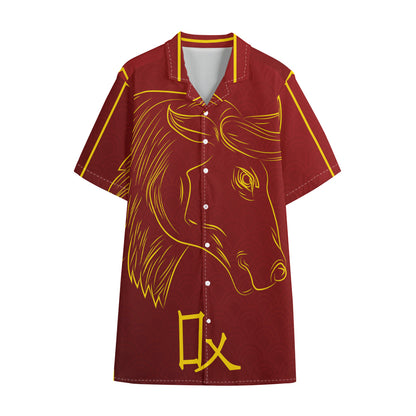 Chinese Horoscope Ox Sign Print Cotton Hawaiian Shirt