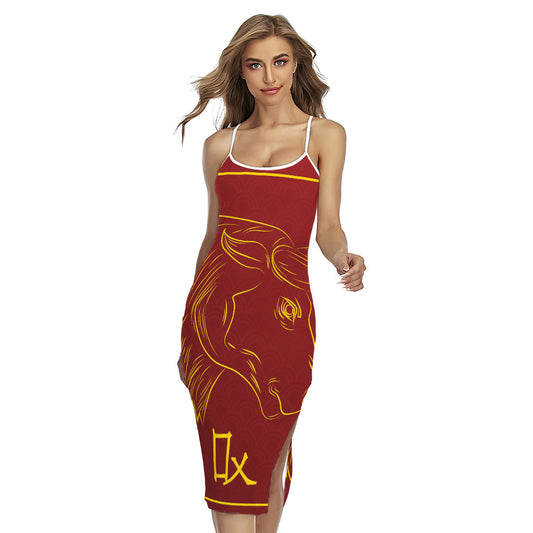Chinese Horoscope Ox Sign Print Cross Back Cami Dress