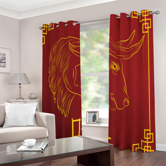 Chinese Horoscope Ox Sign Print Extra Wide Grommet Curtains