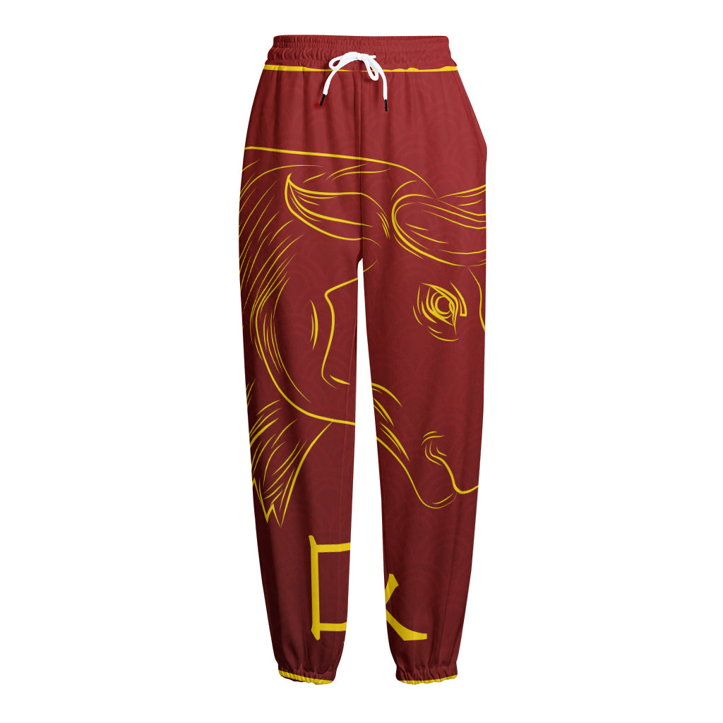 Chinese Horoscope Ox Sign Print Fleece Lined Knit Pants