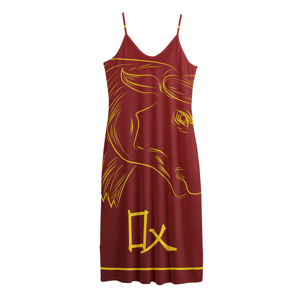 Chinese Horoscope Ox Sign Print Jersey Midi Cami Dress