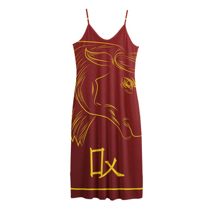 Chinese Horoscope Ox Sign Print Jersey Midi Cami Dress