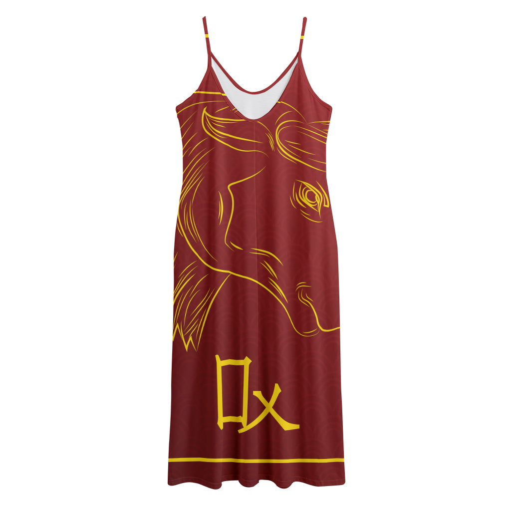 Chinese Horoscope Ox Sign Print Jersey Midi Cami Dress
