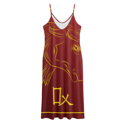 Chinese Horoscope Ox Sign Print Jersey Midi Cami Dress