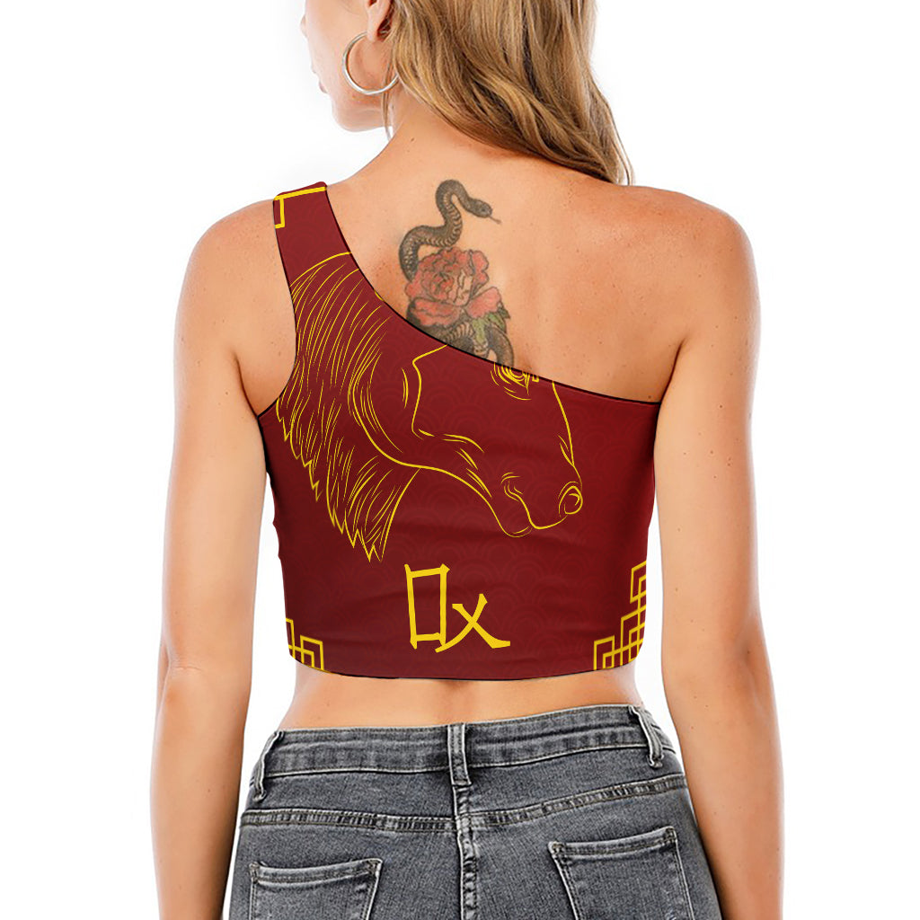 Chinese Horoscope Ox Sign Print One Shoulder Crop Top
