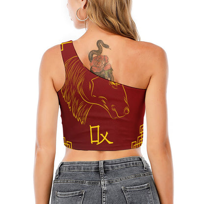 Chinese Horoscope Ox Sign Print One Shoulder Crop Top