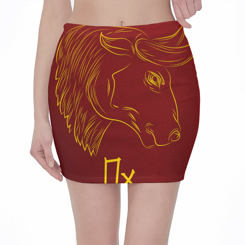 Chinese Horoscope Ox Sign Print Pencil Mini Skirt
