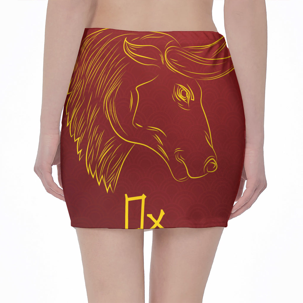 Chinese Horoscope Ox Sign Print Pencil Mini Skirt