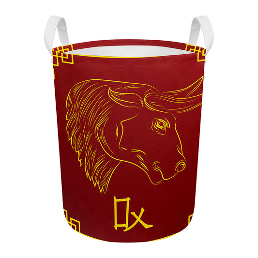 Chinese Horoscope Ox Sign Print Round Laundry Basket