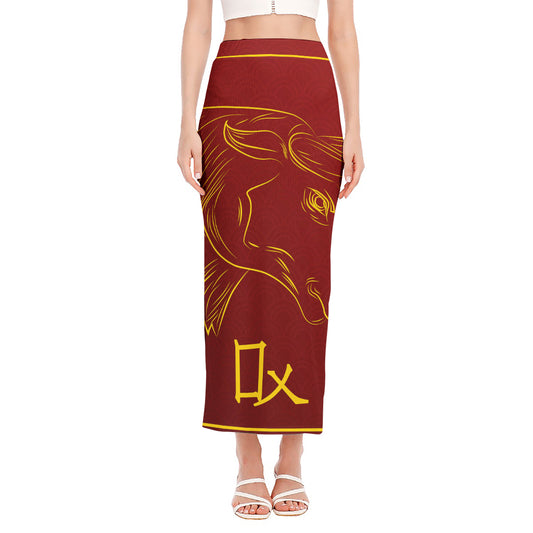 Chinese Horoscope Ox Sign Print Side Slit Maxi Skirt