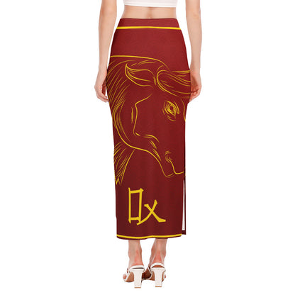 Chinese Horoscope Ox Sign Print Side Slit Maxi Skirt