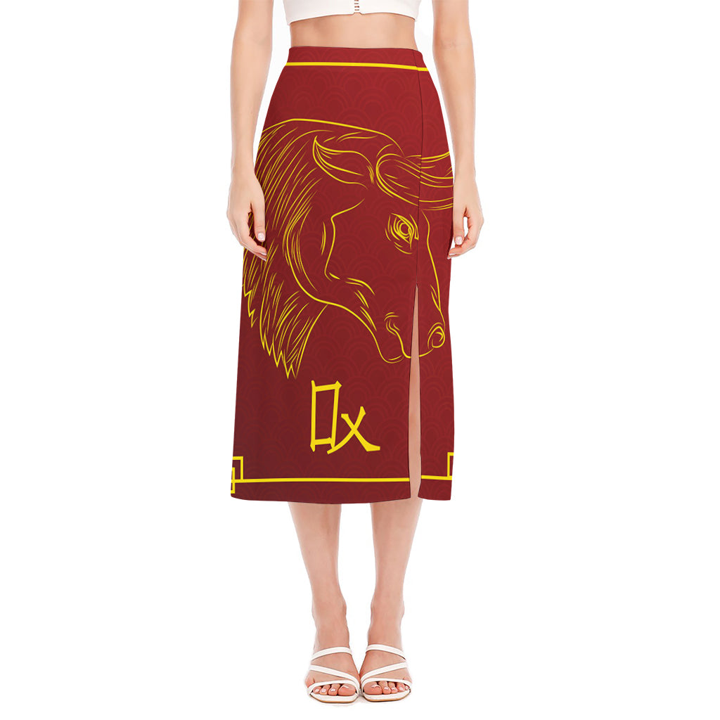 Chinese Horoscope Ox Sign Print Side Slit Midi Skirt