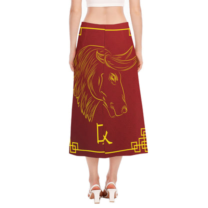 Chinese Horoscope Ox Sign Print Side Slit Midi Skirt