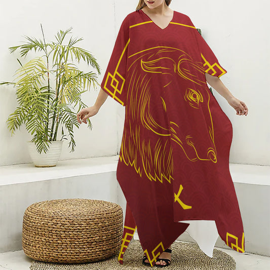 Chinese Horoscope Ox Sign Print Silk V-Neck Kaftan Dress