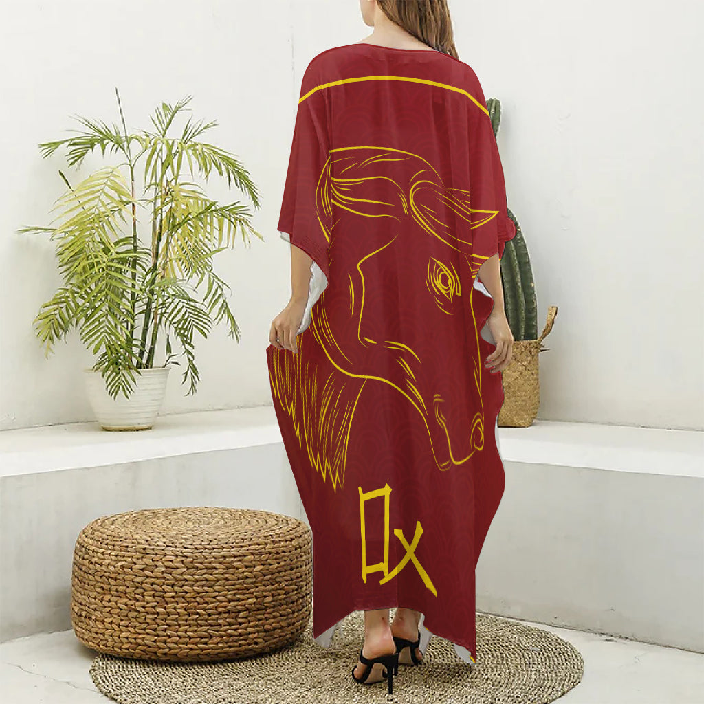 Chinese Horoscope Ox Sign Print Silk V-Neck Kaftan Dress