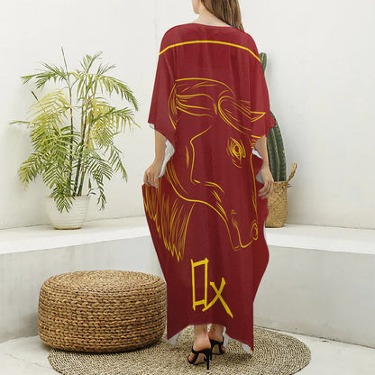Chinese Horoscope Ox Sign Print Silk V-Neck Kaftan Dress