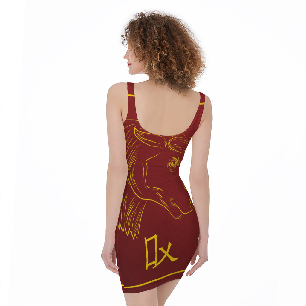 Chinese Horoscope Ox Sign Print Sleeveless Bodycon Dress
