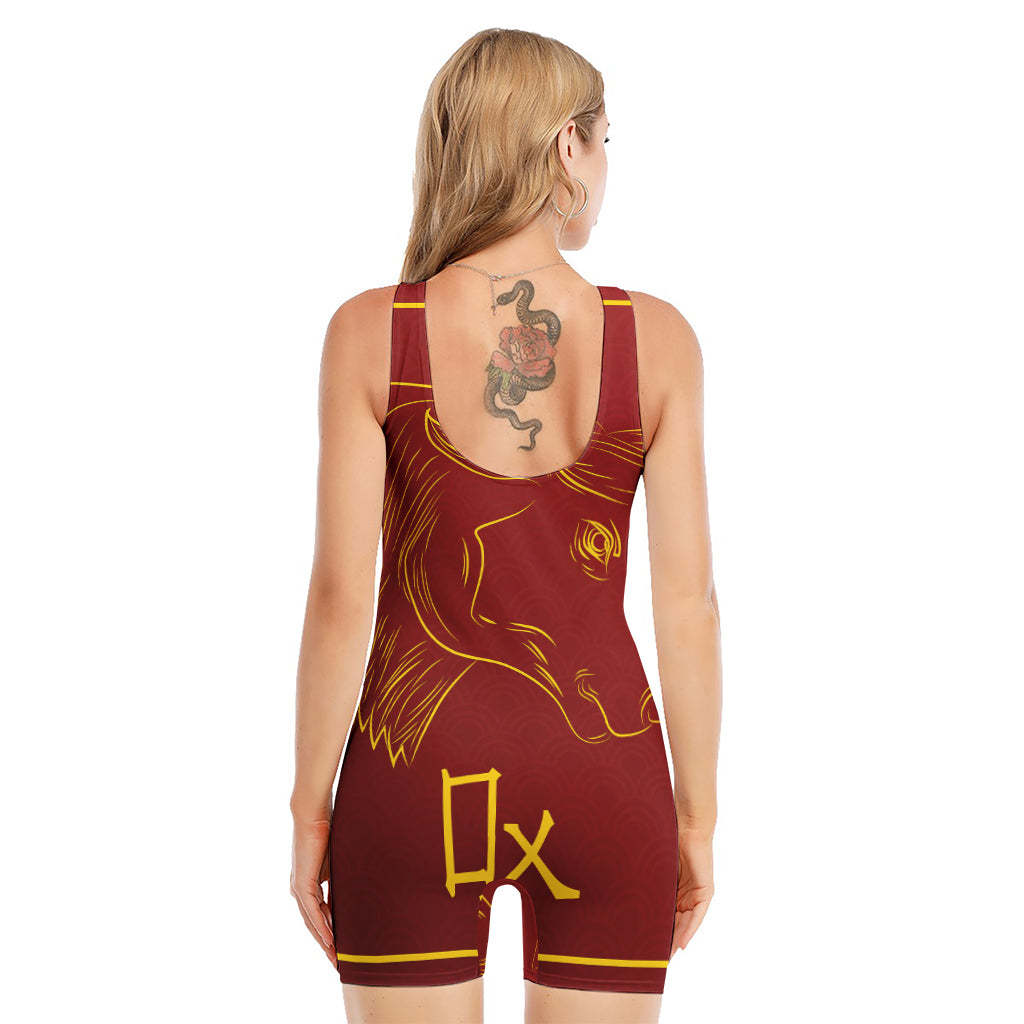Chinese Horoscope Ox Sign Print Sleeveless One Piece Swimsuit