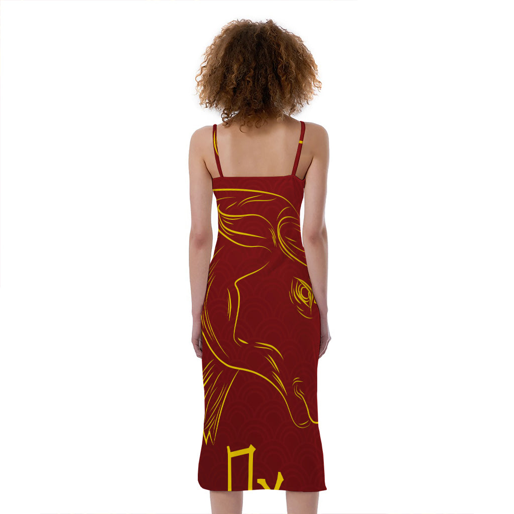 Chinese Horoscope Ox Sign Print Slim Fit Midi Cami Dress