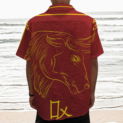 Chinese Horoscope Ox Sign Print Textured Short Sleeve Shirt