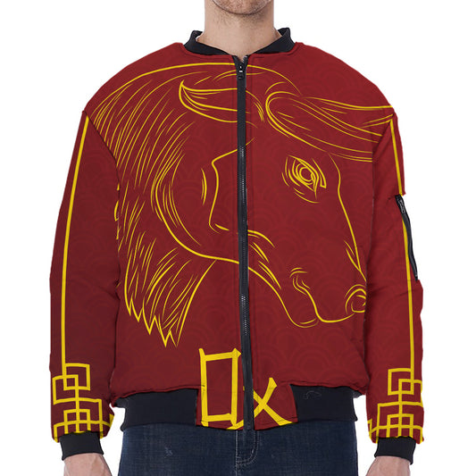 Chinese Horoscope Ox Sign Print Zip Sleeve Bomber Jacket