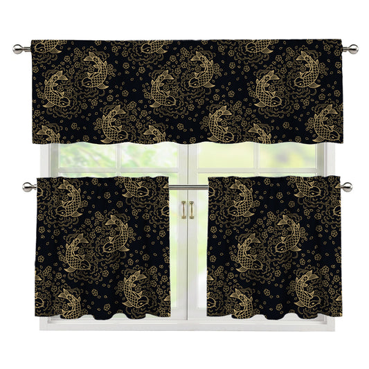 Chinese Koi Carp Pattern Print 3 Piece Kitchen Curtains