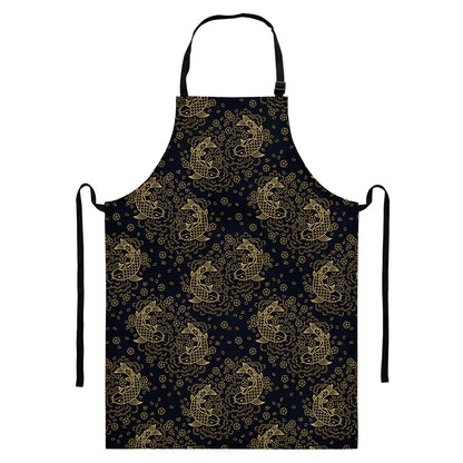 Chinese Koi Carp Pattern Print Bib Apron With Pocket