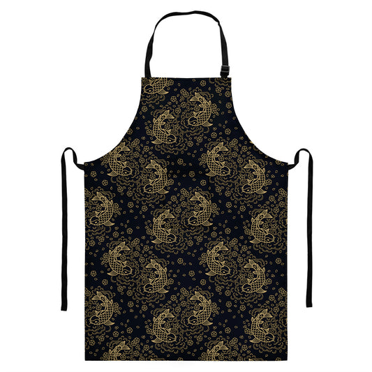 Chinese Koi Carp Pattern Print Bib Apron With Pocket
