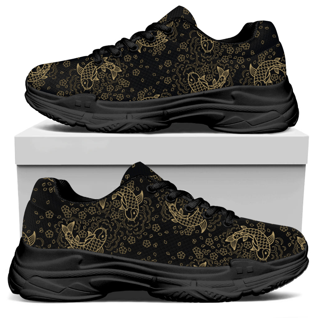 Chinese Koi Carp Pattern Print Black Chunky Shoes