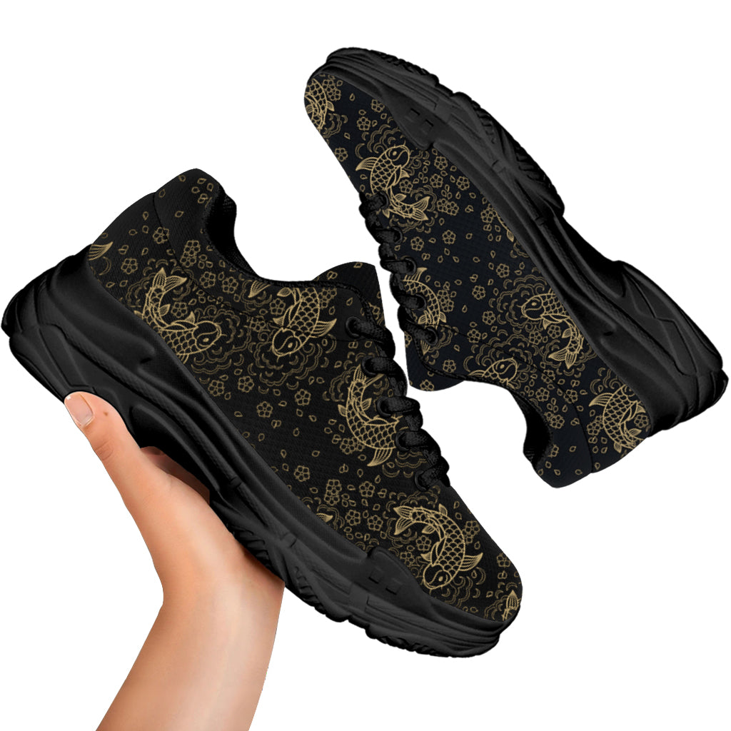 Chinese Koi Carp Pattern Print Black Chunky Shoes