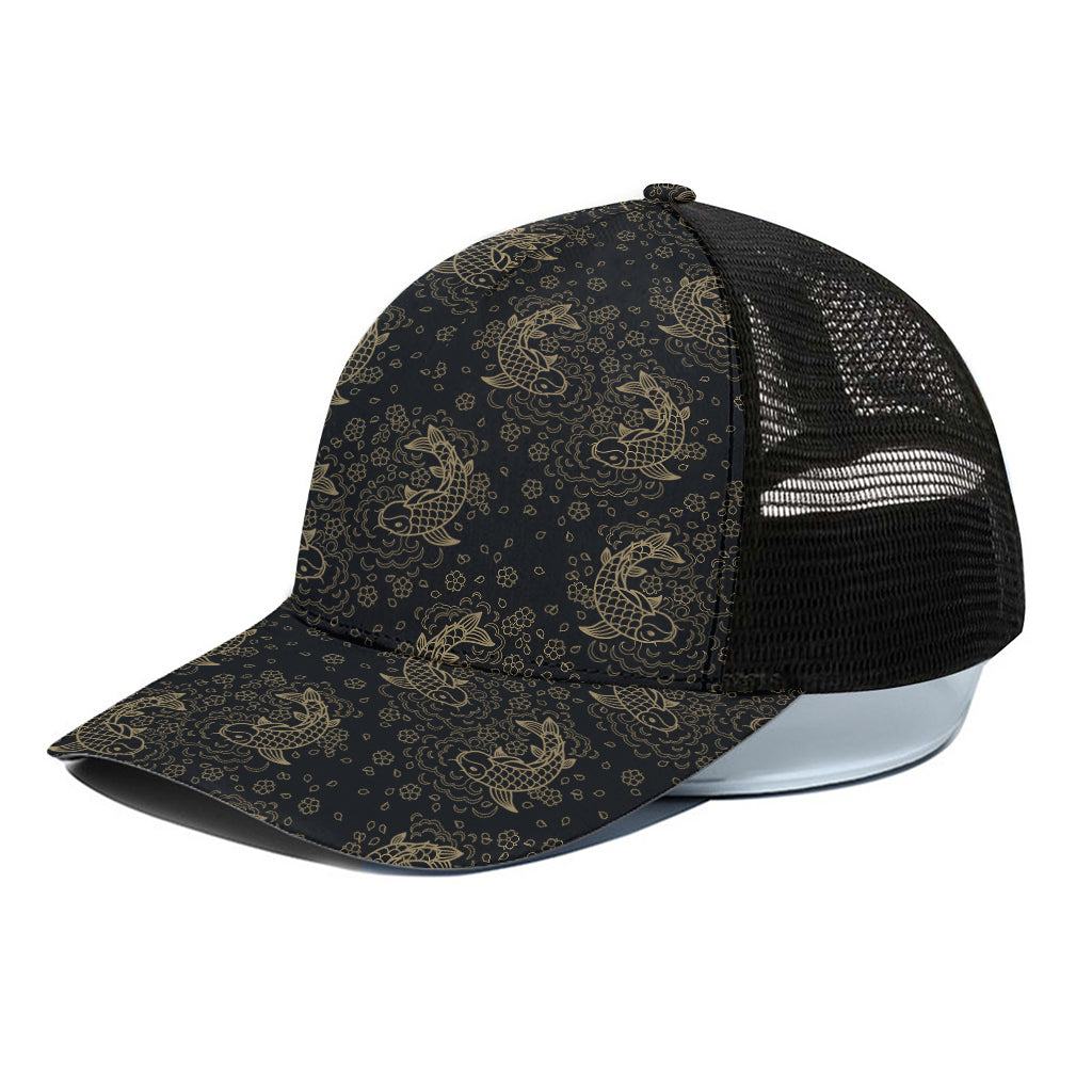 Chinese Koi Carp Pattern Print Black Mesh Trucker Cap
