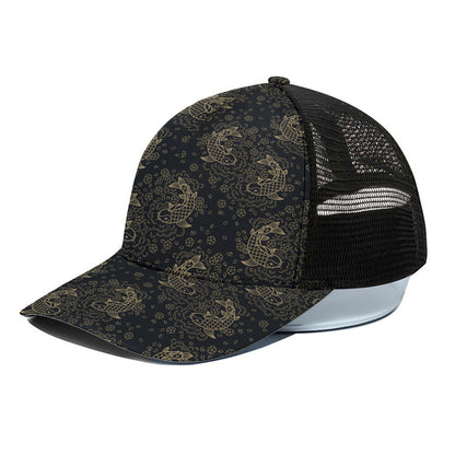 Chinese Koi Carp Pattern Print Black Mesh Trucker Cap