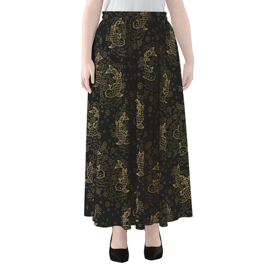 Chinese Koi Carp Pattern Print Chiffon Maxi Skirt