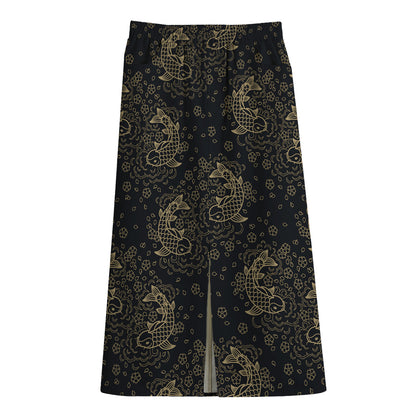 Chinese Koi Carp Pattern Print Cotton Front Slit Maxi Skirt