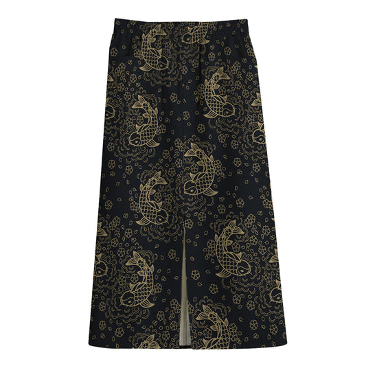 Chinese Koi Carp Pattern Print Cotton Front Slit Maxi Skirt